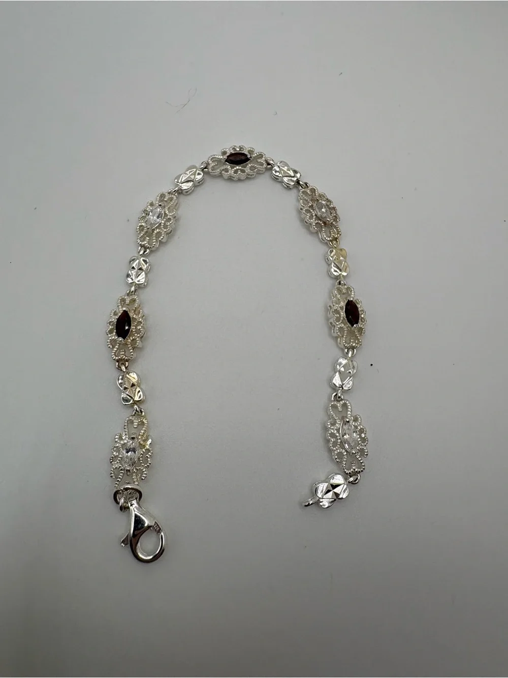 S925 Sterling Silver Filigree Link Bracelet CZ Tourmaline Tested 7” 9g